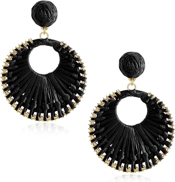 Statement Raffia Earrings for Women Girls - Boho Raffia Rattan Round Drop Earrings - Trendy Summe... | Amazon (US)