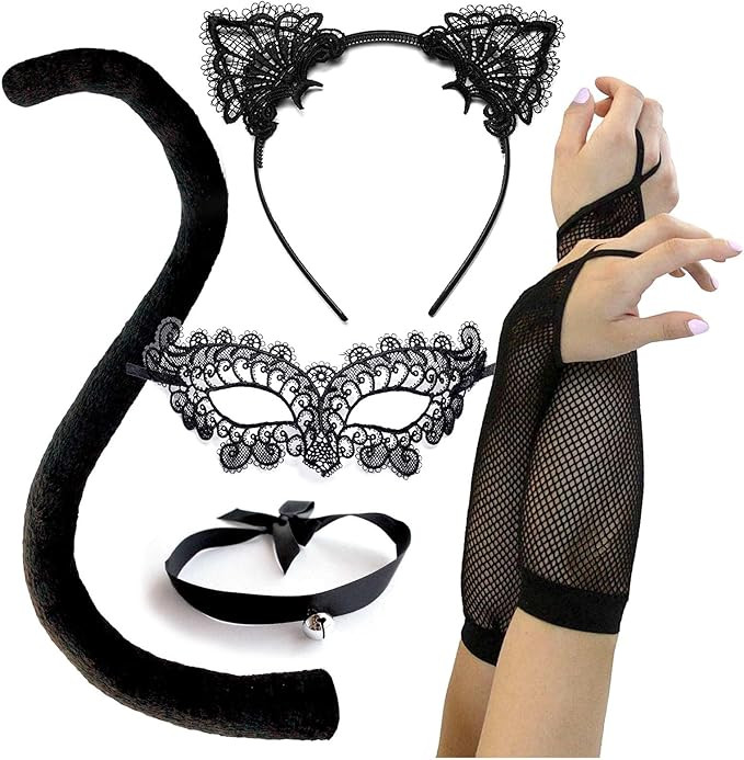 OLYPHAN Black Cat Costume for Women, Halloween Masquerade Mask, Lace Ears, Gloves, Tail, Choker N... | Amazon (US)