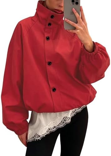 Womens Funnel Neck Jackets Fall Cropped Windbreaker Outwear Coats | Amazon (US)