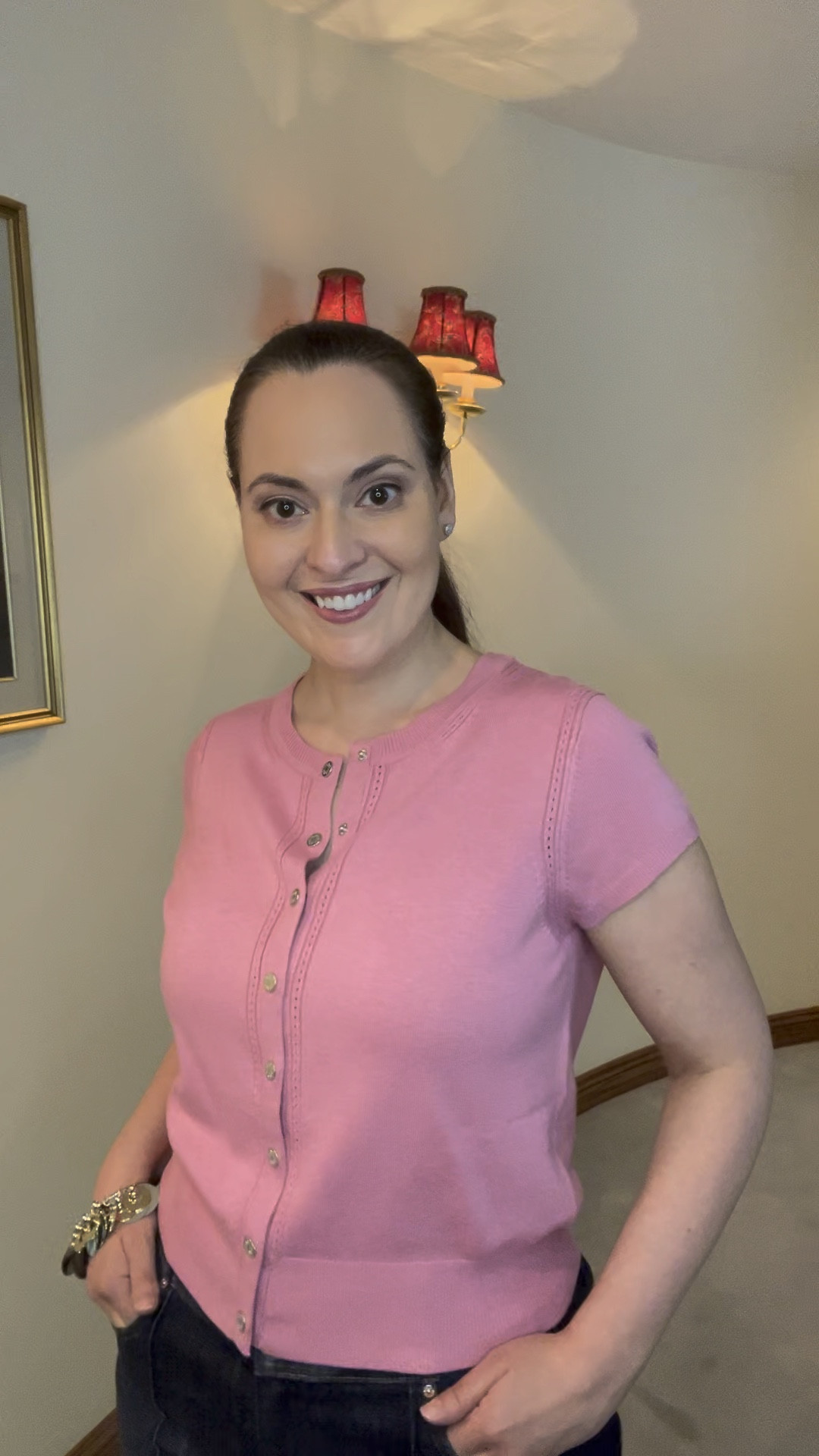 Love this pink short sleeve snap front cardigan. It’s light weight so really good to wear for end of summer and into fall - Buy one get one 50% off at WHBM this weekend. 

#LTKSaleAlert #LTKOver40