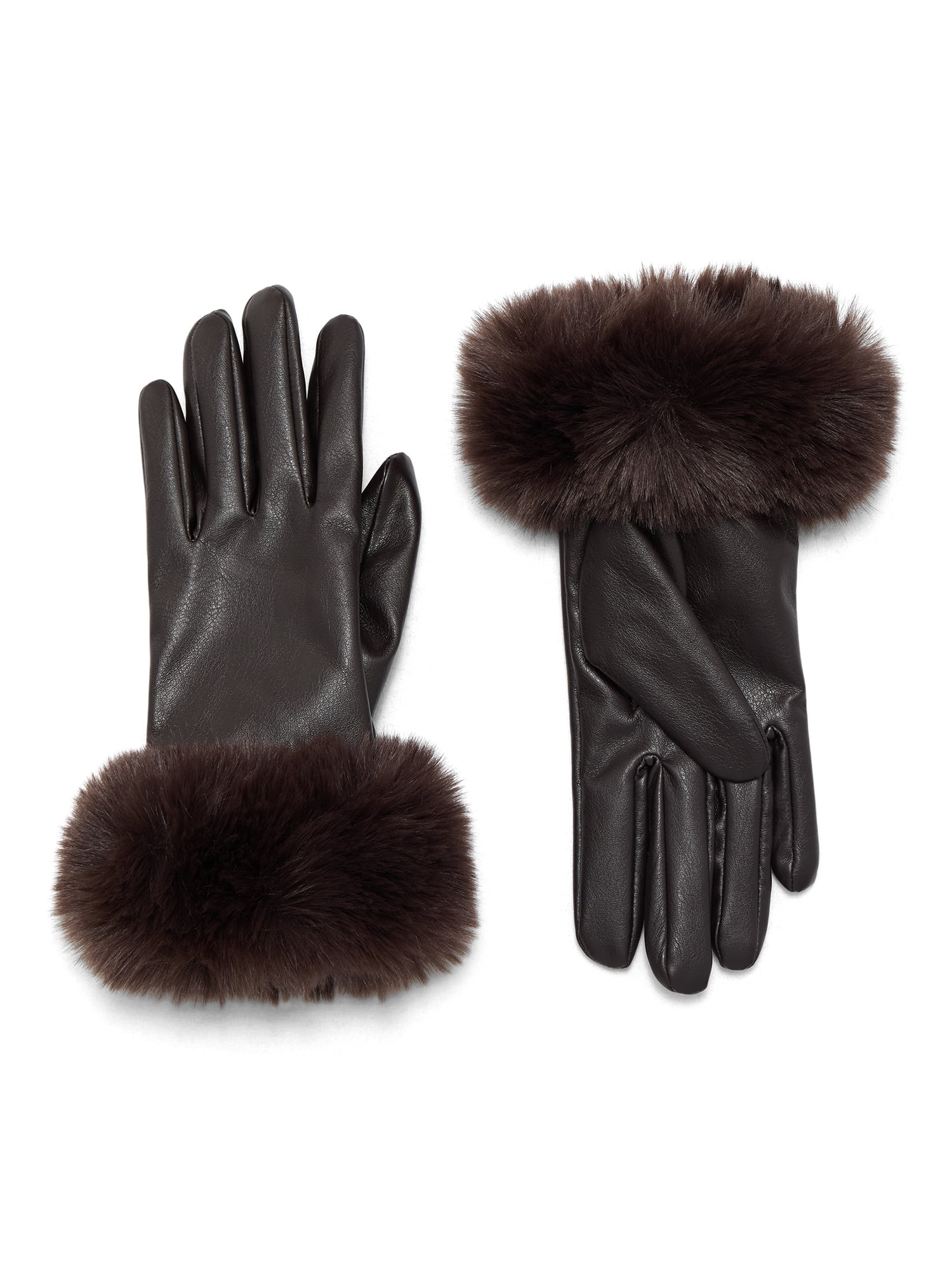 Time and Tru Faux Fur Cuffs Leather Gloves - Walmart.com | Walmart (US)