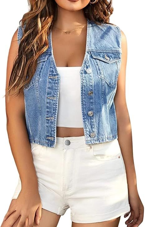 LifeShe Women's Cropped Denim Vest Top Casual V Neck Button Down Sleeveless Jean Jacket Waistcoat | Amazon (US)