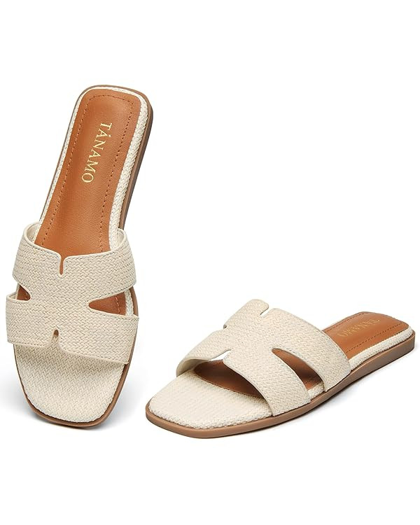 Tanamo Women's Slide Sandals, Comfortable Flats Summer Dressy Casual Beach Open Toe Shoes Slip On... | Amazon (US)