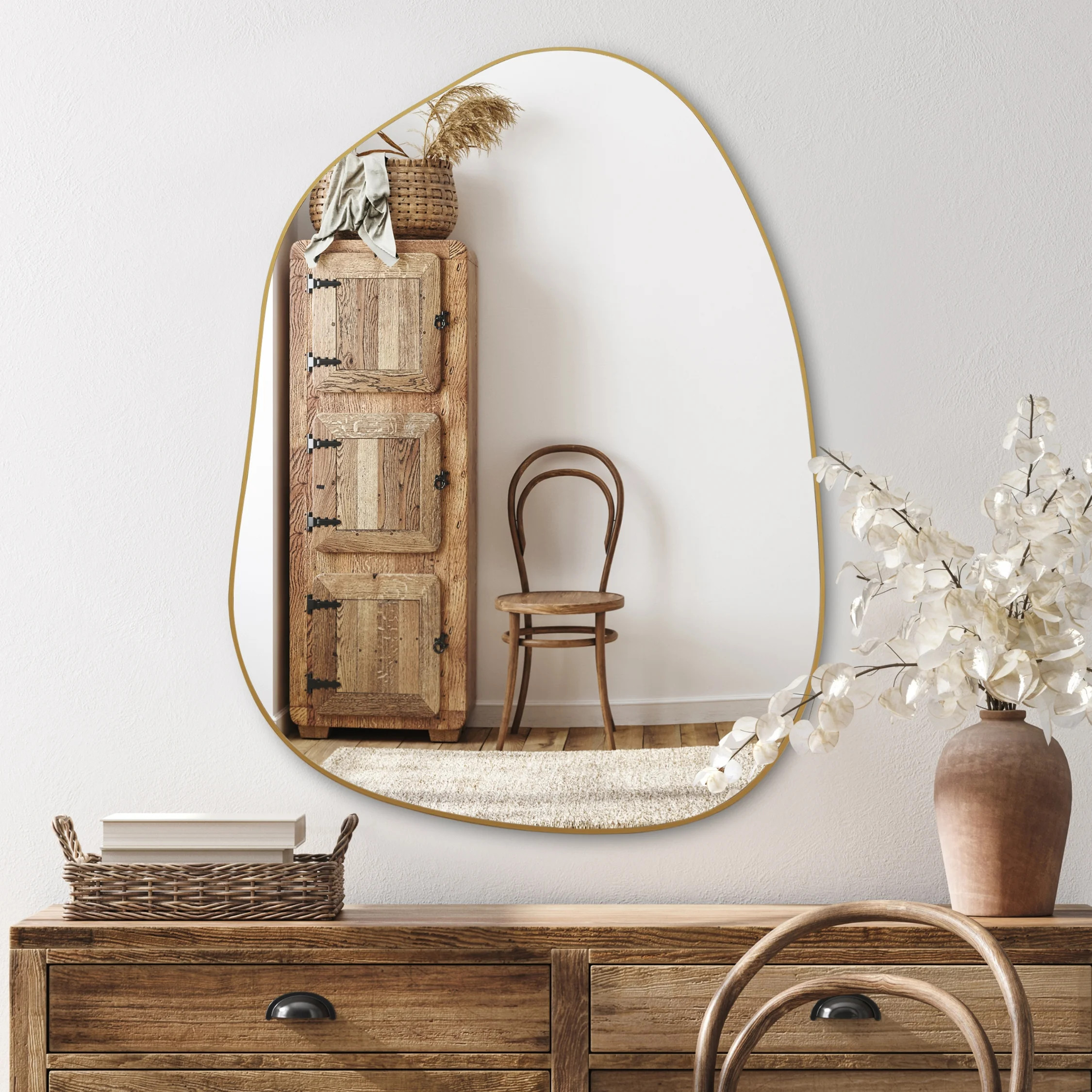 PERFNIQUE Irregular Wall Mirror Asymmetrical Mirror, 32''x24'' Golden Wood Framed Mirror for Bath... | Walmart (US)