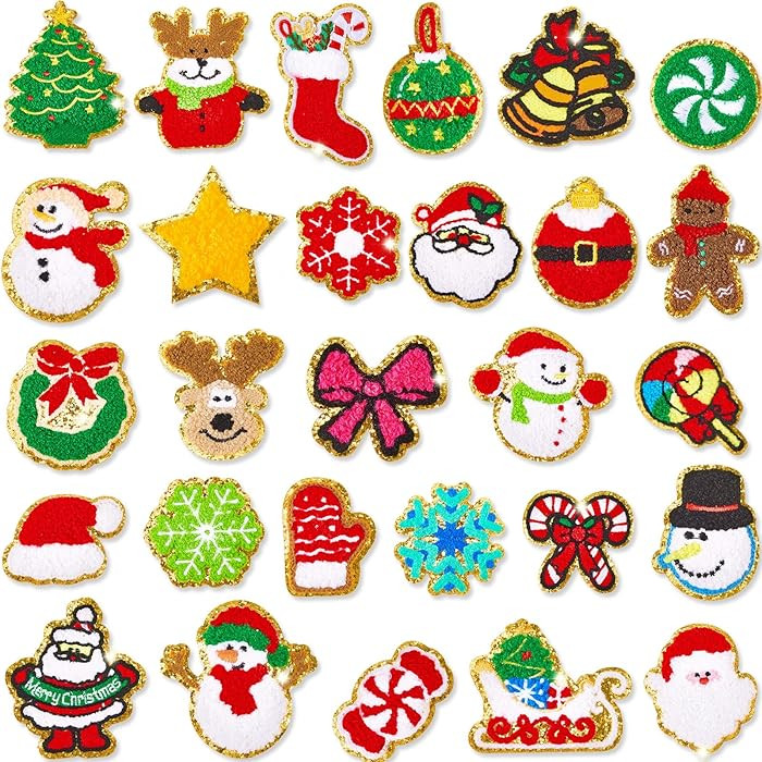 28 Pcs Christmas Iron on Patches Embroidered Sew Applique Repair Patch Glitters Chenille Patches ... | Amazon (US)