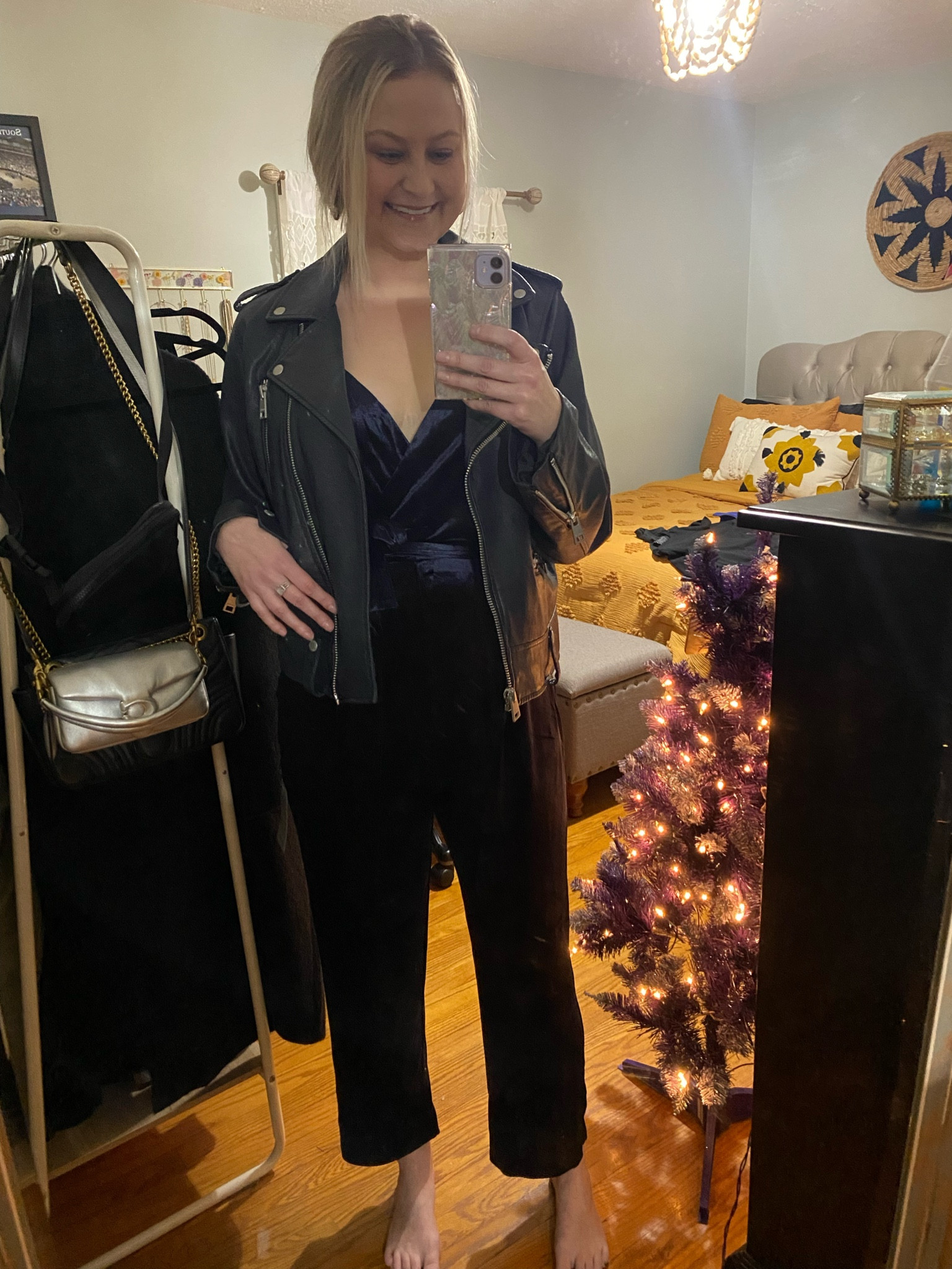 Beautiful blue velvet jumpsuit with tie at the waist. It’s so comfy and flattering, I added a blue leather jacket but you can add a blazer or a sweater! I would probably do pumps or booties depending on how dressy I want to make it ! There’s only XS left right now but Nordstrom keeps restocking sizes, I linked a few different options from Lulus and Nordstrom! 

#LTKHoliday #LTKunder100 #LTKSeasonal