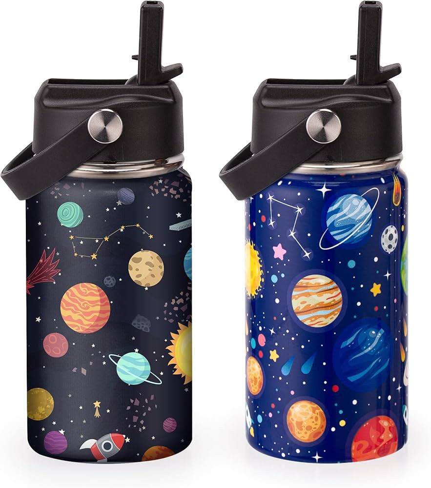 Kids Insulated Water Bottle, 2 Pack 12oz Space Water Bottles Bulk with Flip Straw & Big Handle, 1... | Amazon (US)