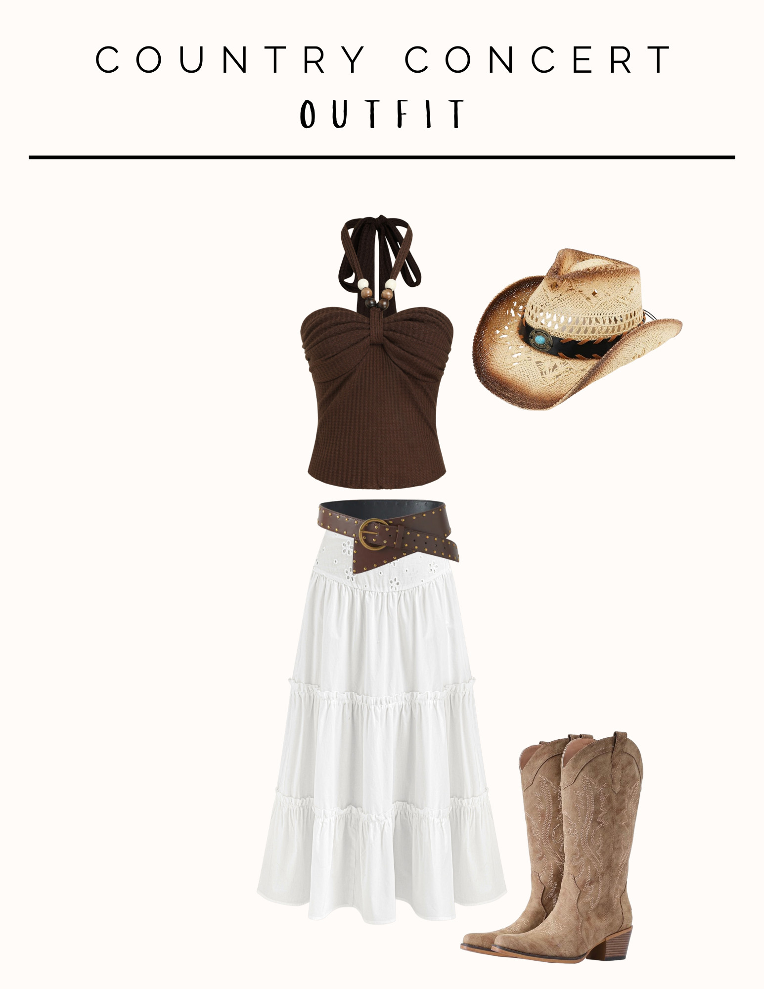 Country concert ready 🤠✨ Rockin’ a brown halter crop top + flowy white maxi skirt for that effortless Western vibe. Boots on, let’s dance the night away! 

 #CountryConcertOutfit #WesternStyle #OOTD #ConcertInspo #CuteAndCountry #LTKSummerEdit #LTKFindsUnder50 #LTKStyleTip