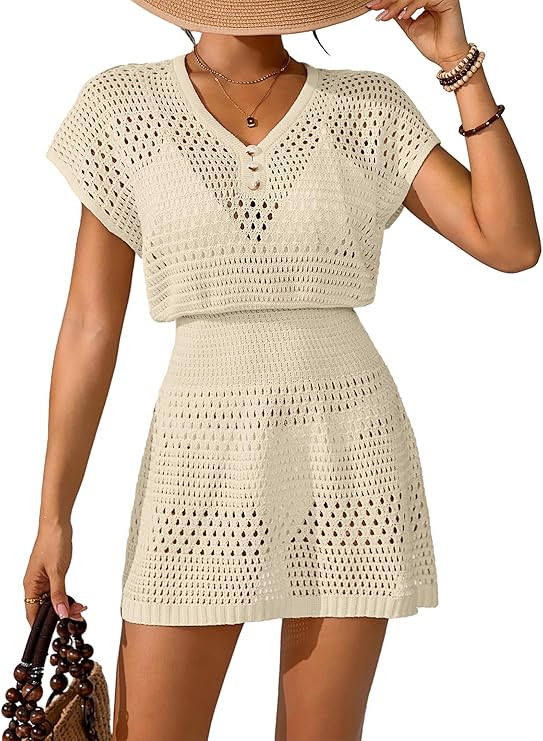 Womens Swimsuit Cover Up Bathing Suit Swim Crochet Mesh V Neck Cap Sleeve Knit Beach Coverups Dre... | Amazon (US)