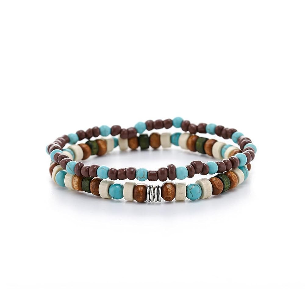 Boho Turquoise Bracelet Wooden Beaded Bracelets Stretch Wrap Bracelet Jewelry for Women and Men 2... | Amazon (US)