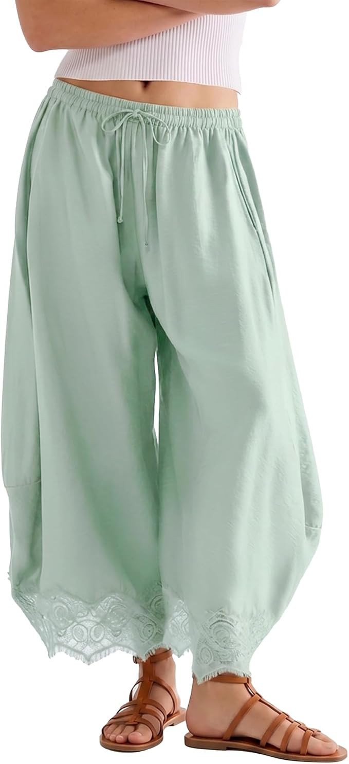 SeeLuNa Comfy Women's Pants Cropped Lace Hem Pants Summer Boho Drawstring High Rise Wide Leg Loun... | Amazon (US)