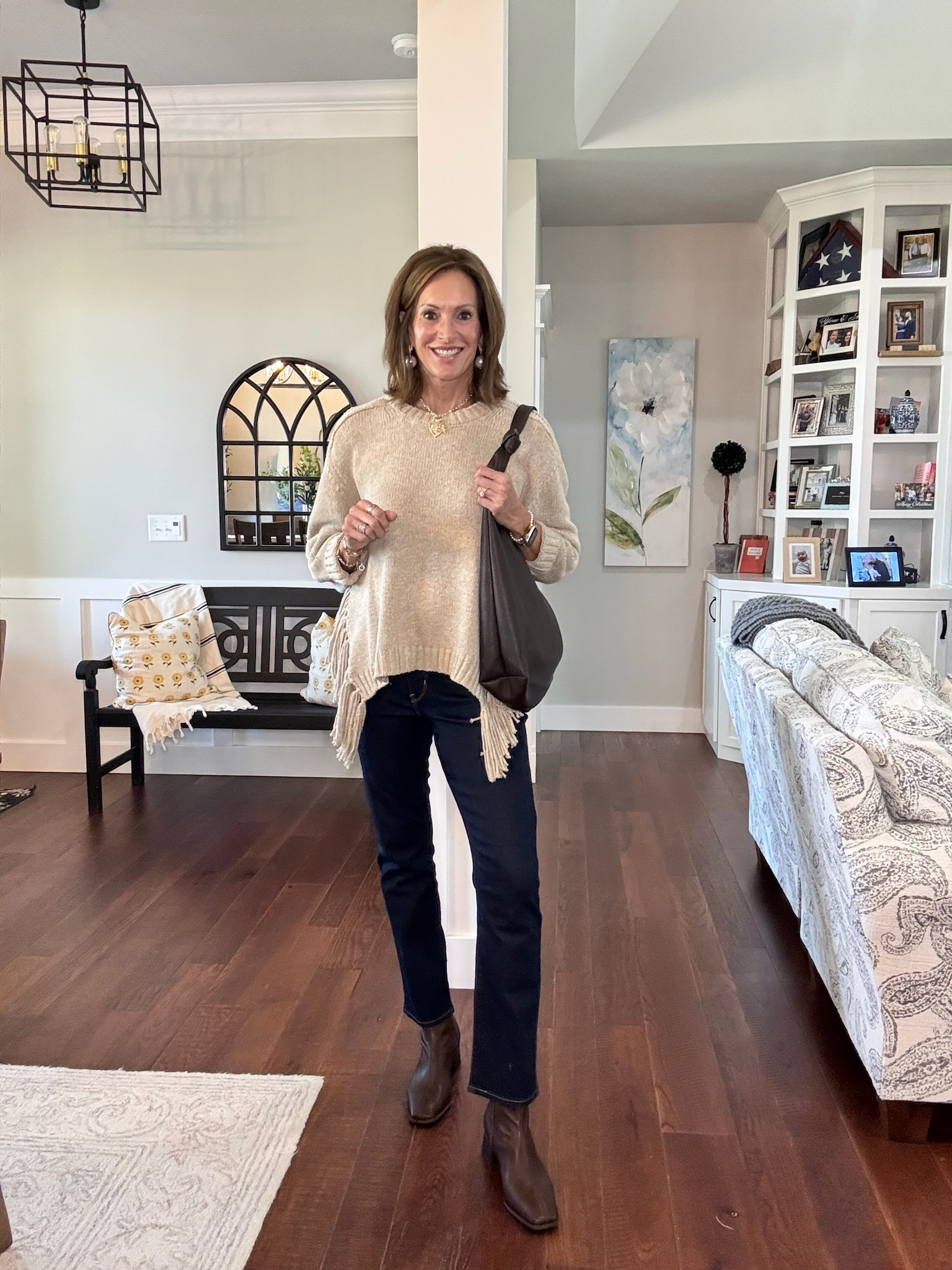 Fringe trim sweater - large Straight leg denim - size 8 regular 
Fall style

#LTKSaleAlert #LTKMidsize #LTKSeasonal