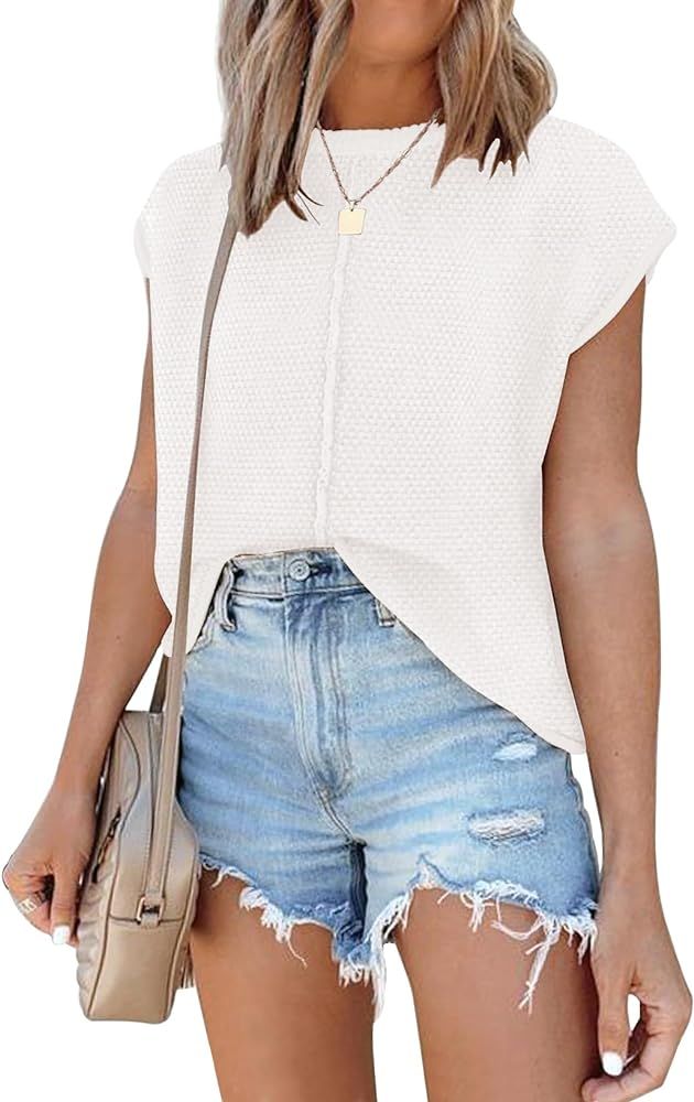 Waffle Knit Sweater Shirts for Women Cap Sleeve Summer Tops Basic Tank Tops | Amazon (US)