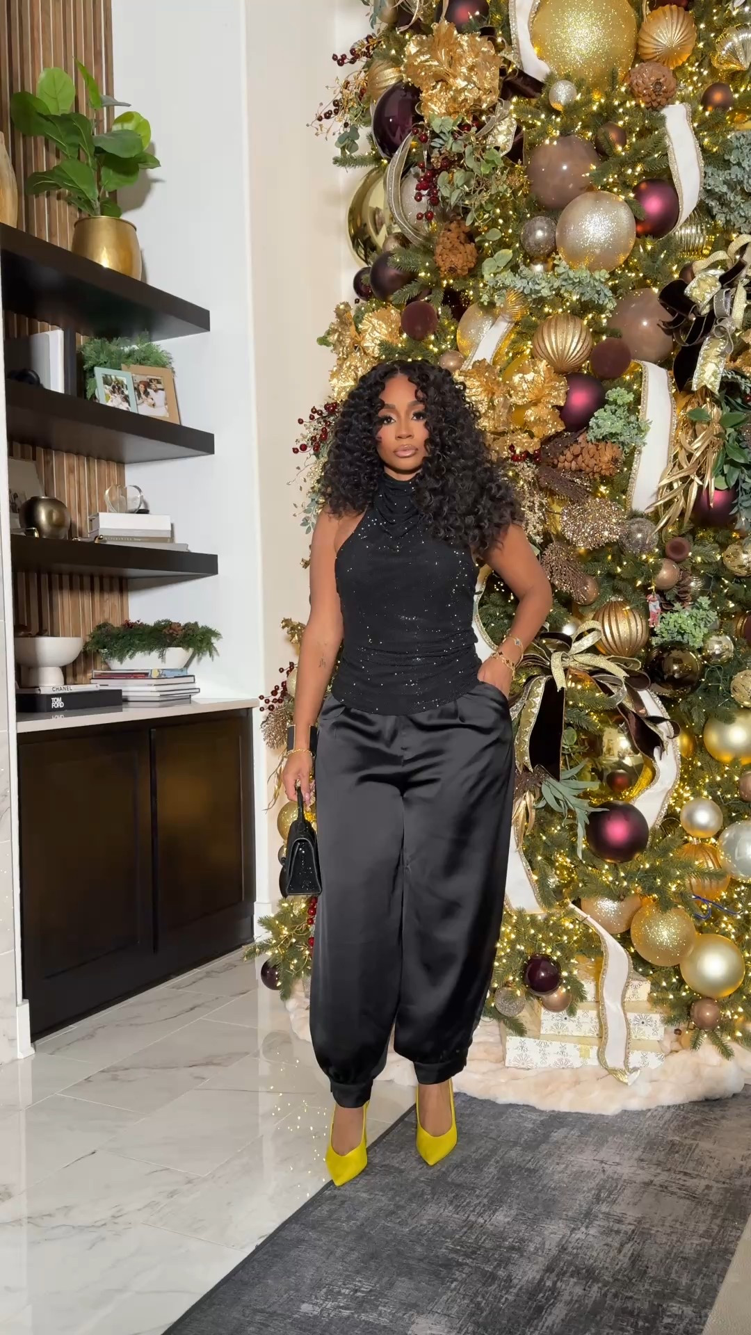 Holiday Party style inspo! Black sequin halter paired with black satin pants! Elevated casual! 

#LTKHoliday #LTKootd