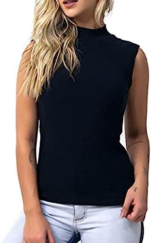 Blusa Regata Feminina Canelada Gola Alta - Camiseta Feminina Básica Manga Curta e Gola Alta - Mo... | Amazon (BR)