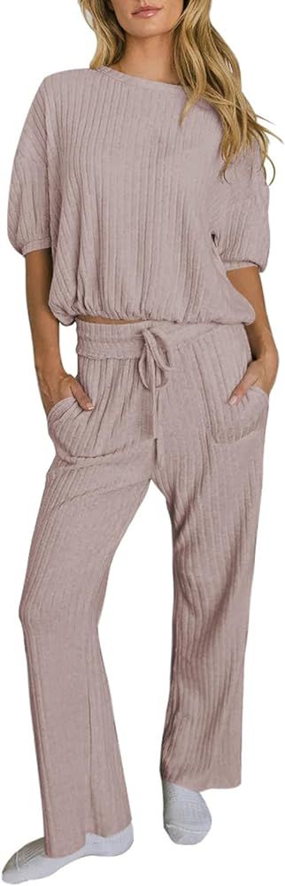 AOHITE Womens 2 Piece Outfits Lounge Sets Short Sleeve Pullover Tops Elastic Wide Leg Pants Set S... | Amazon (US)