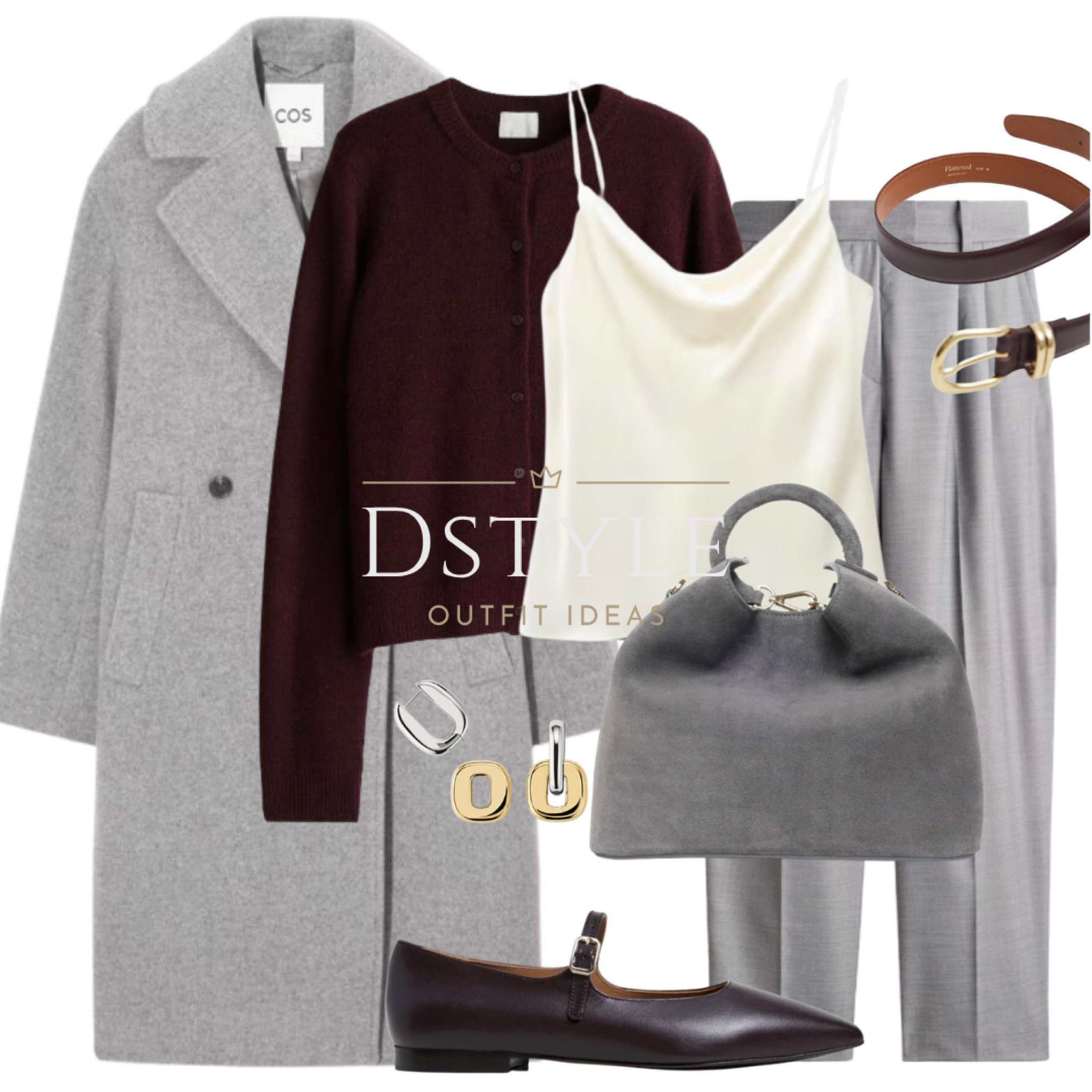Grey wool coat, burgundy cardigan, off-white silk satin top, grey marl trousers/pants, grey suede bag, burgundy belt, leather burgundy shoes, flats, Mary Jane flat shoes

#LTKFindsUnder50 #LTKStyleTip #LTKWorkwear