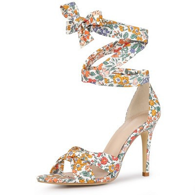 Perphy Women's Floral Printed Twist Lace Up High Stiletto Heels Sandals Orange 8.5 | Target