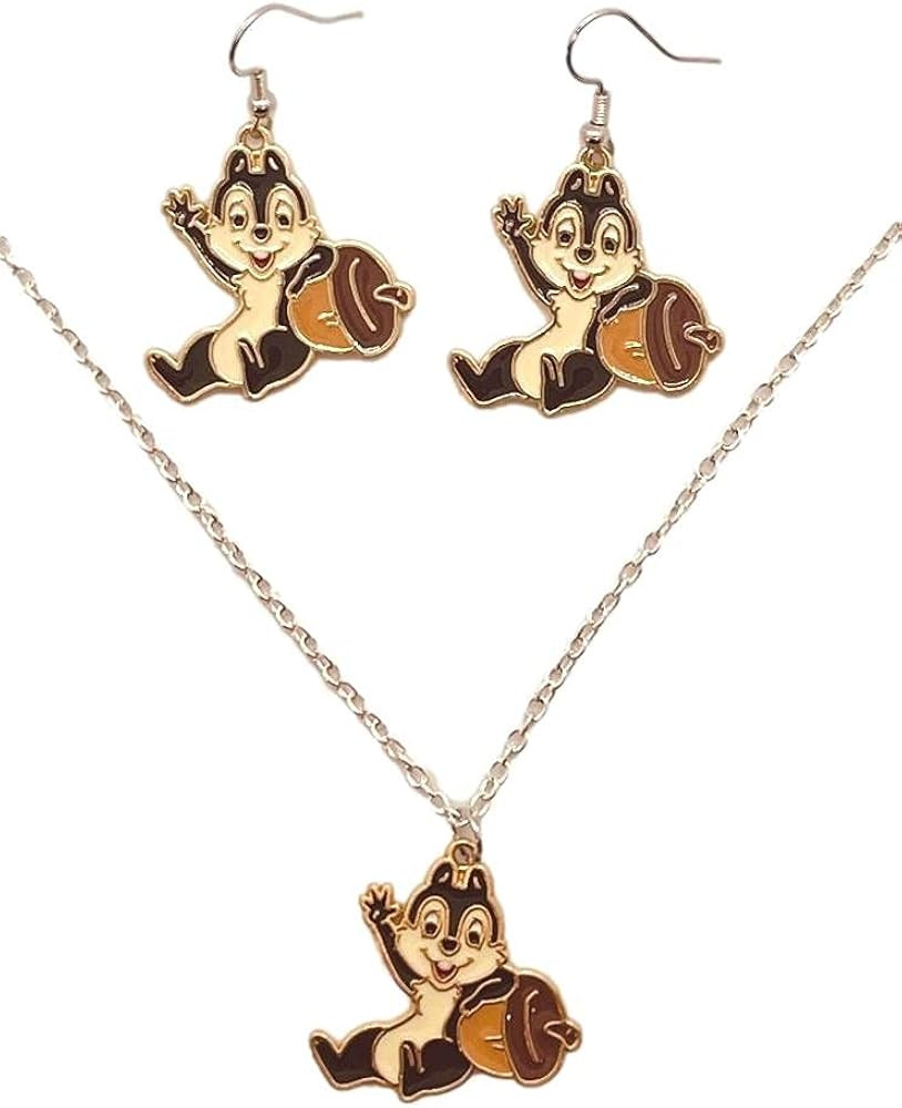 Dale and Chip Characters Chip With Acorn Charm Pendant Necklaces And Earrings Set | Amazon (US)