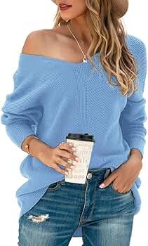 Iandroiy Women's Batwing Sleeve Dolman Ribbed Knit Sweaters Oversized V-Neck Pullover Tops | Amazon (US)