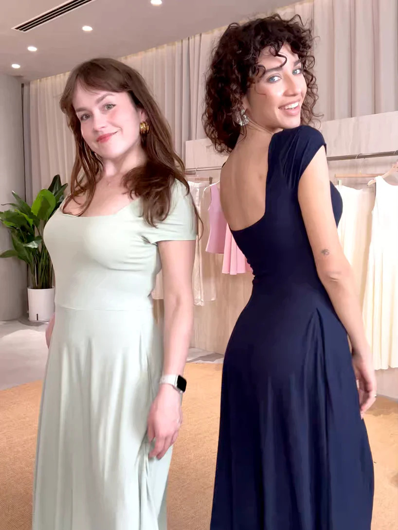 Flowy Square Neck Short Sleeve Midi Bra Dress | OGLmove