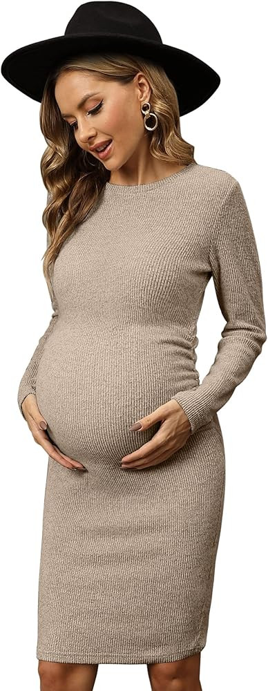 Vahina Knit Ribbed Maternity Dress Side Ruched/Long Sleeve Maternity Bodycon Dress Casual Baby Sh... | Amazon (US)