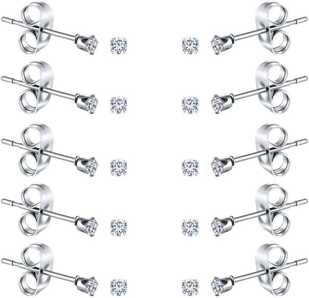 FOSIR 2-4MM Tiny Women's Stainless Steel Round Clear Cubic Zirconia Stud Earrings(6-10 Pairs) | Amazon (US)