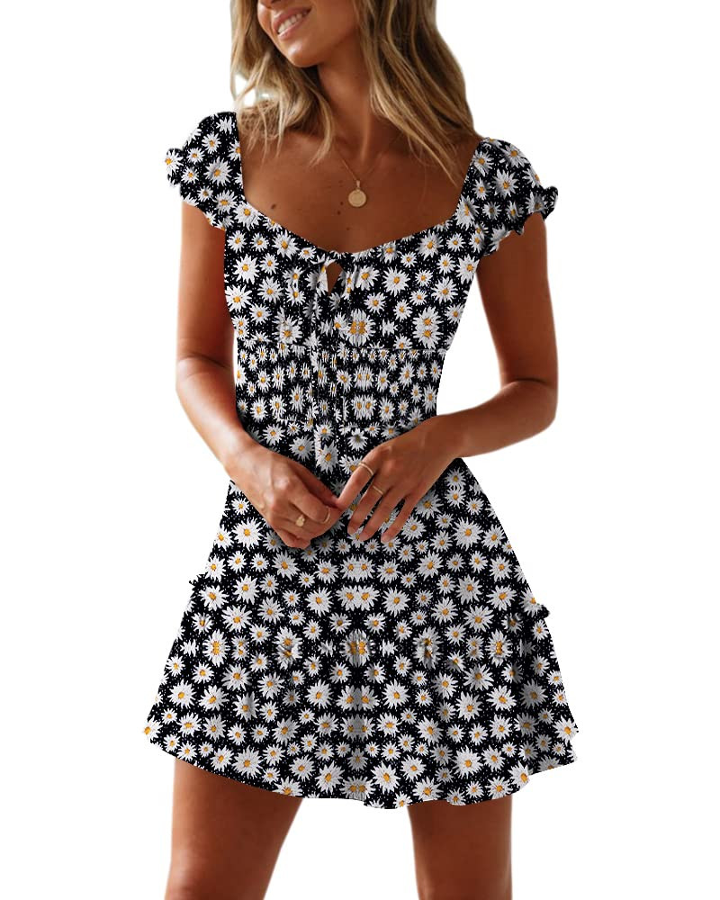 YOBECHO Womens Summer Ruffle Sleeve Sweetheart Neckline Printing Dress Mini Dresses | Amazon (US)