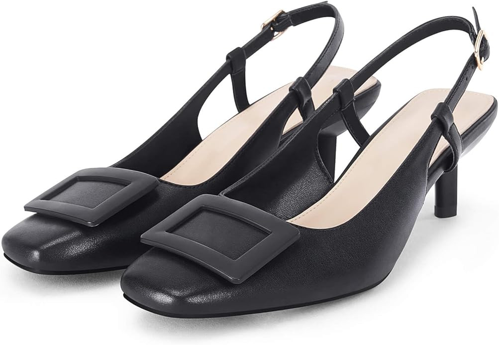Coutgo Womens Kitten Heel Slingback Pumps Closed Square Toe Buckle Wedding Party Dress Shoes | Amazon (US)