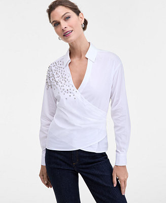 Women's Embellished Faux-Wrap Shirt, Macy's Exclusive | Macy's