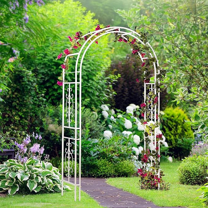 Plow & Hearth Arch Metal Outdoor Garden Arbor Montebello White, 7 Feet Tall, Iron Trellis Lattice... | Amazon (US)