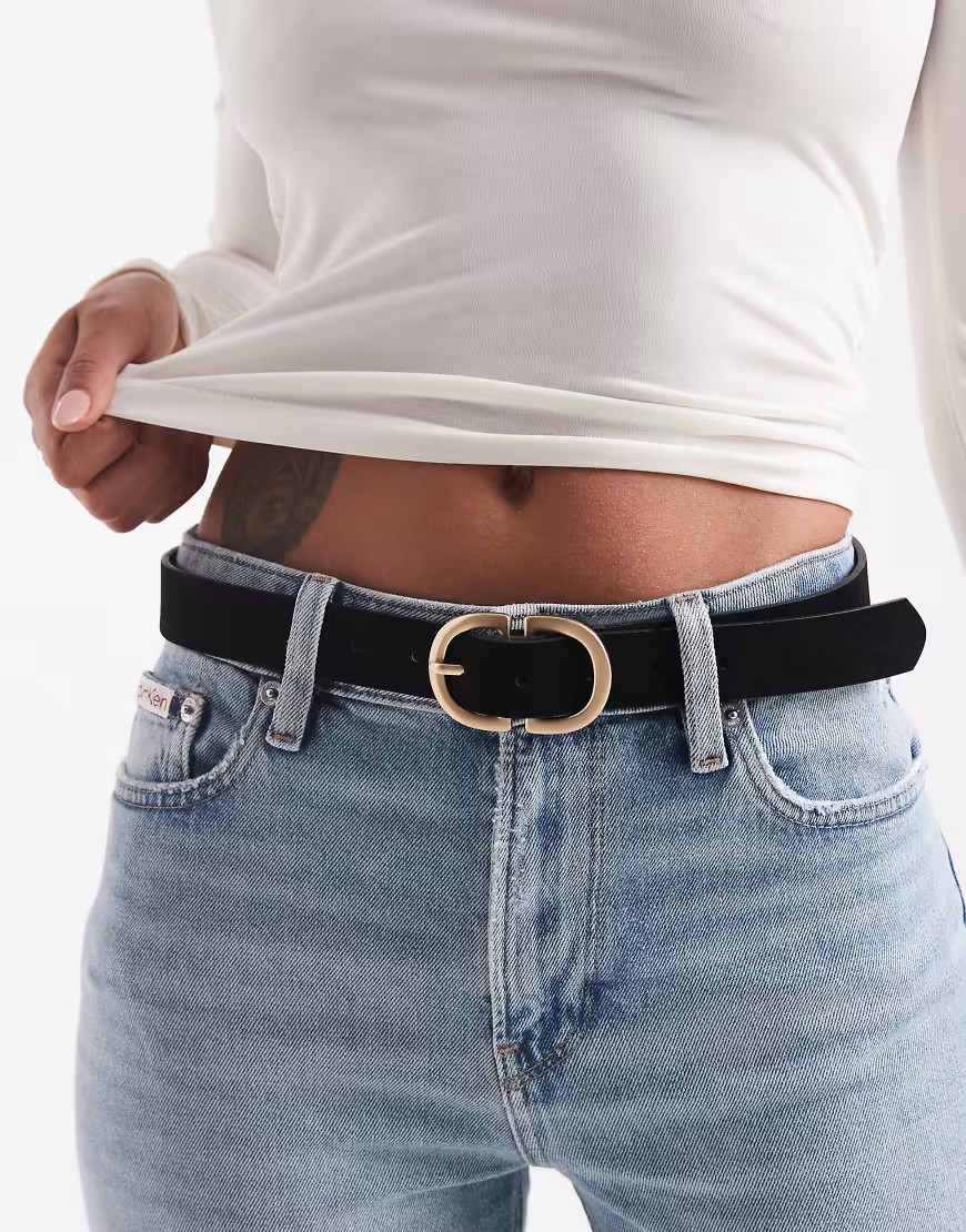 Pieces suede gold double buckle belt in black | ASOS (Global)