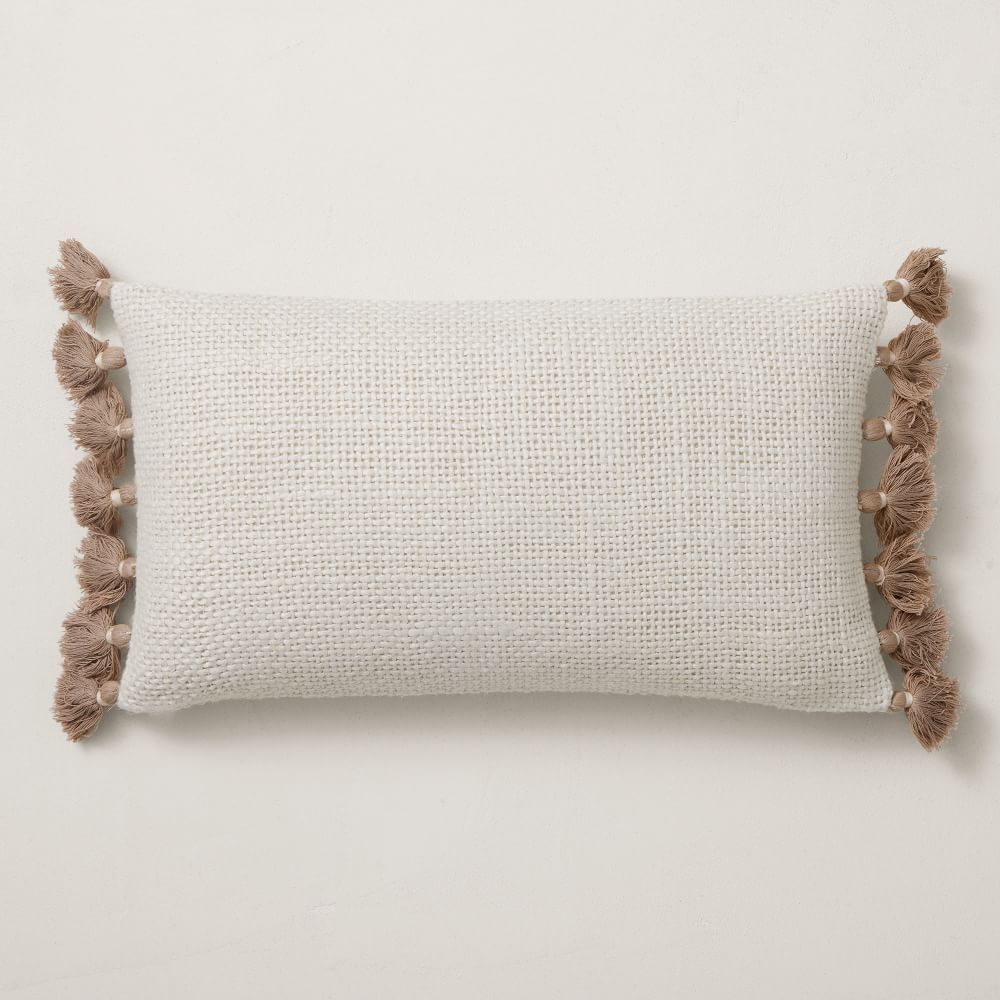 Two Tone Chunky Linen Tassels Pillow Cover, 12&amp;quot;x21&amp;quot;, White | West Elm (US)