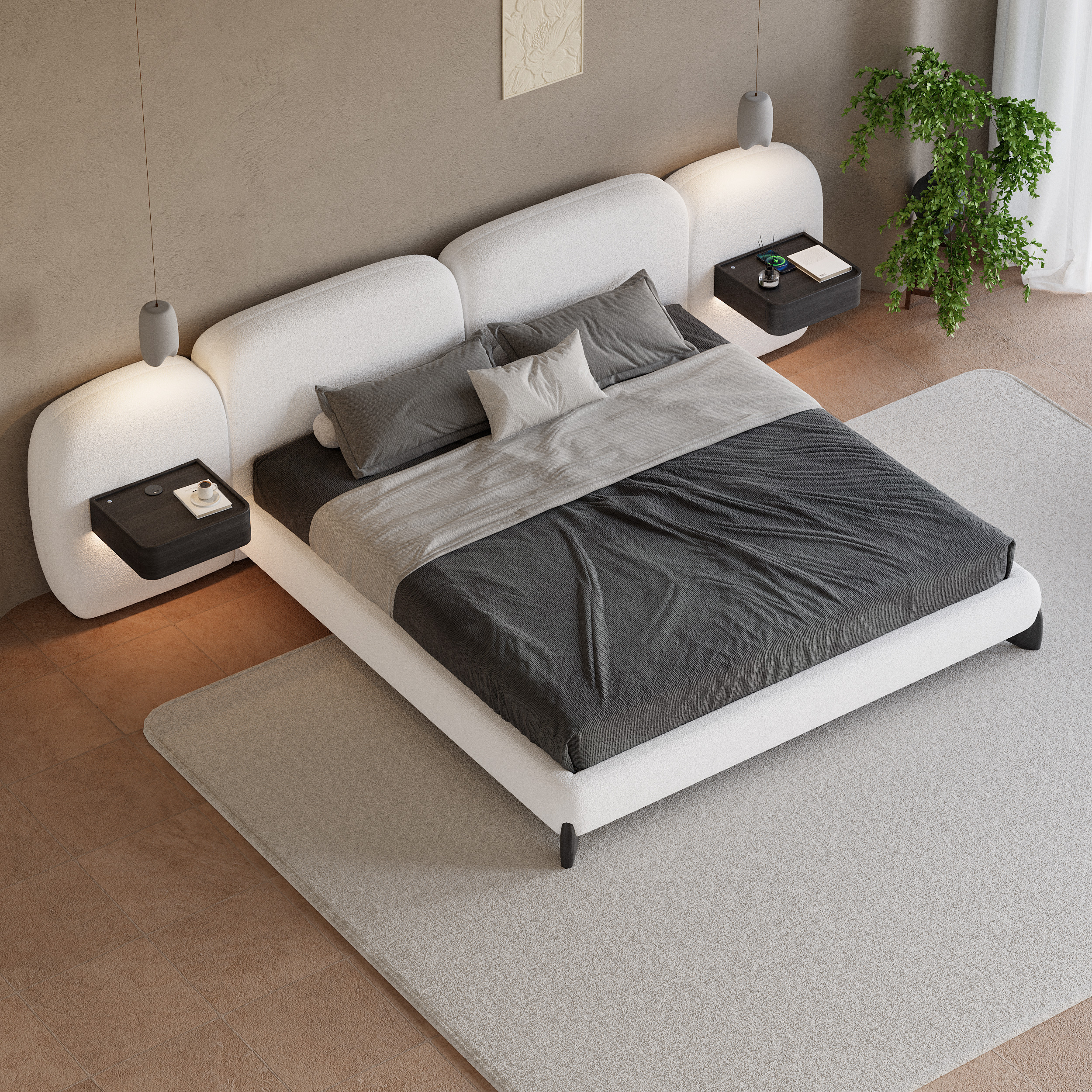 King Size Curva Boucle Upholstered Bed Frame with Extended Headboard & Floating Smart Nightstand Set | Homary