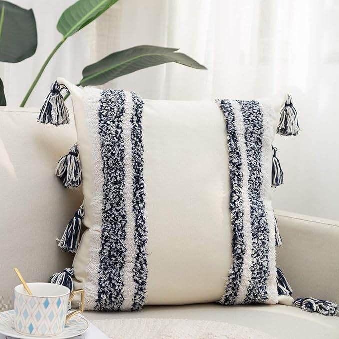 Boho Throw Pillow Cover with Tassels, Tribal Square Pillow 20"x20" for Bed Sofa Couch Bedroom Liv... | Amazon (US)