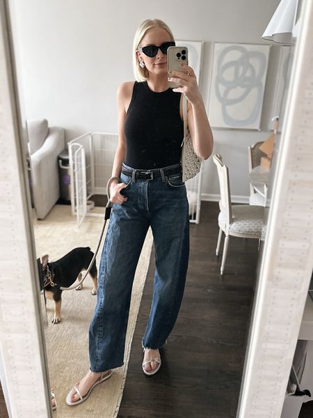 Today’s look! Wearing a medium in the bodysuit, 27 in the jeans and sandals are true to size 🖤

#LTKStyleTip #LTKFindsUnder100 #LTKShoeCrush