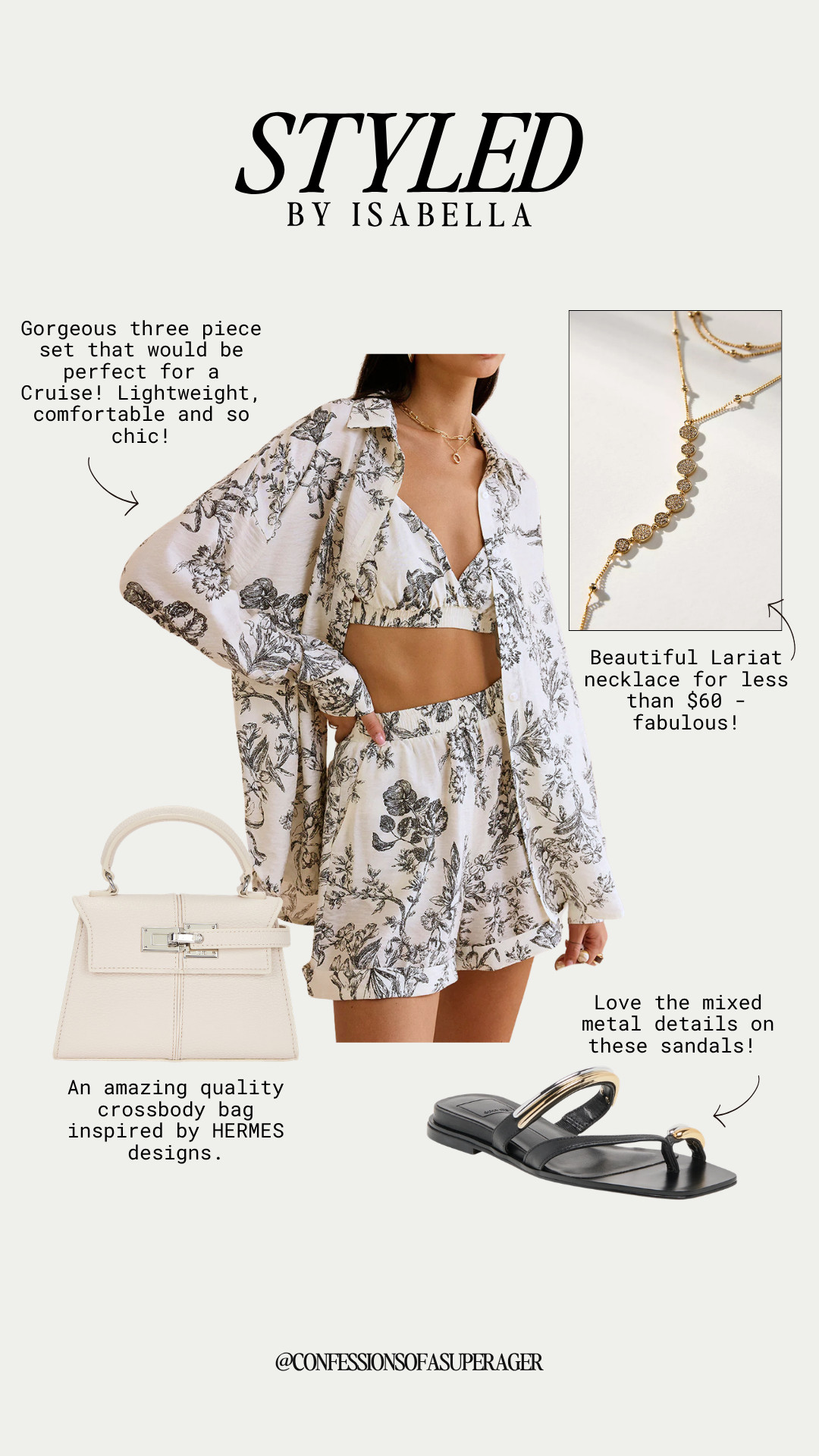 Ready for your next getaway? This gorgeous three-piece floral set is the ultimate vacation essential—it's lightweight, breezy, and so easy to style for a cruise or a tropical beach day. I’ve paired this chic printed set with a high-quality cream crossbody bag inspired by classic Hermès designs and some stunning mixed-metal flat sandals that are as comfortable as they are stylish. To finish the look, I added a delicate gold lariat necklace that’s a total steal for under $60! This effortless, resort-ready outfit is perfect for anyone looking for sophisticated summer style on a budget. #ResortWear #VacationOutfits #SummerStyle #CruiseWear #MatchingSet #HermesInspired #AffordableLuxury #TravelStyle #BeachOutfits #SpringFashion #ShopTheLook #QuietLuxury

#LTKTravel #LTKSeasonal #LTKOver40 #LTKSaleAlert