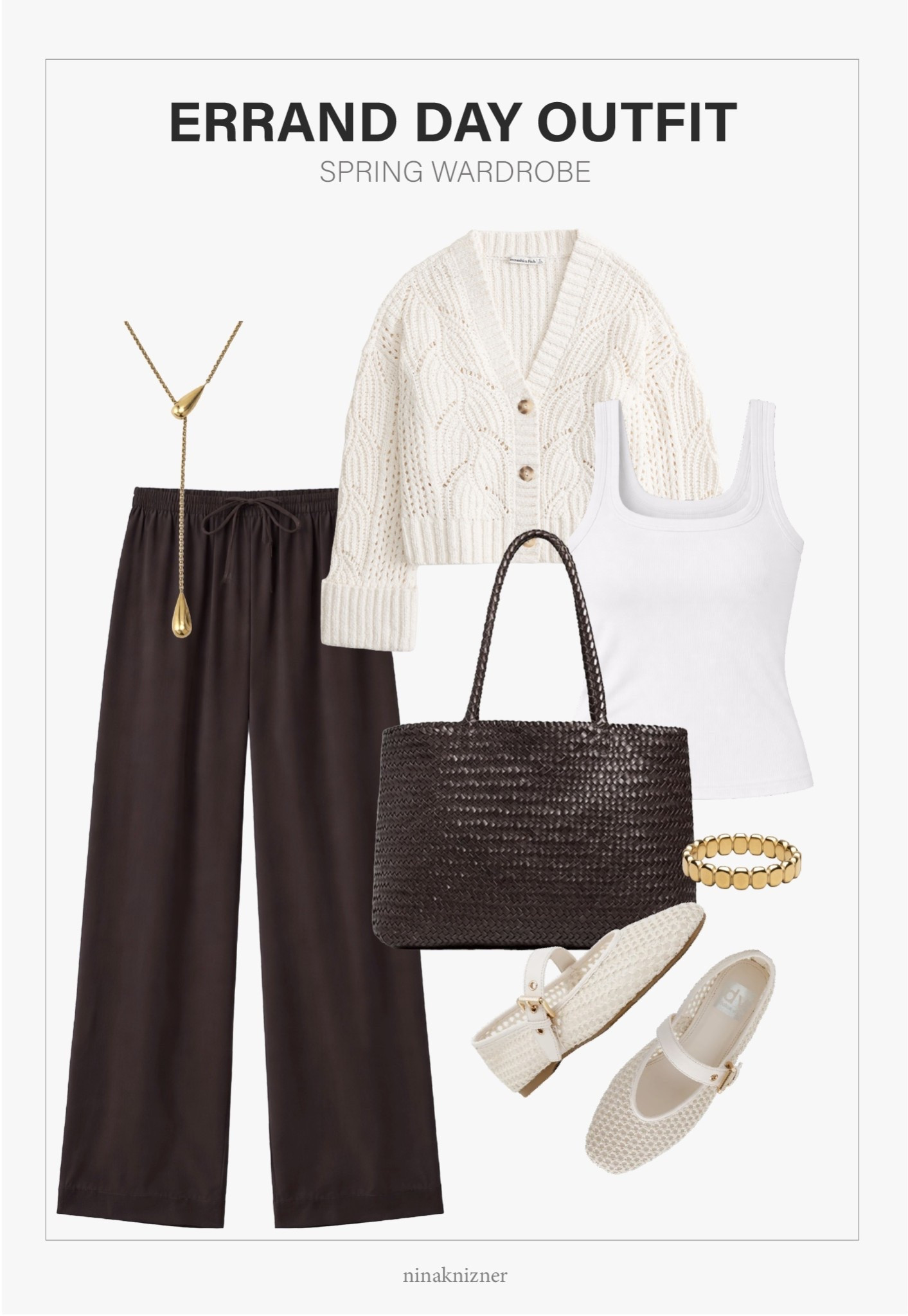Chocolate brown satin pants outfit for spring 2026…

Pairing brown with cream is the way to go for spring. Adding a few warmer weather elements, like a mesh Mary Jane and a woven tote creates a fun feel to an otherwise simple base. Soo in love with these Dolce Vita Flats, grab them before they’re gone, I think they’re from last season. They’re super comfortable. Sized half a size down.


- Abercrombie - Textural Stitch V-Neck Cardigan in cream
- Abercrombie - Women’s Satin Pull on Pants in Dark Coffee
- Amazon - Peoria Built in Ribbed Bra Tank Top in White
- Madewell - Handwoven Transport Early Weekender Tote in Coffee Bean
- Dolce Vita - Mulaney Mesh Buckle Mary Jane Flats in Ivory Woven Mesh
- Atolea - Beaded Ring in 18K PVD Gold
- Hey Harper - Teardrop Pendant in 14K PVD Gold

#spring #summer #springoutfits2026 #womenspringoutfits #springbreak #essentials #staples #capsulewardrobe #minimalist #basics #essentials #staples #california #westcoast #destinations #wovenleathertote #woventote #leathertote #tote #madedwell #springaccessories #chocolatebrown #espresso #brown #ivory #cognac #saddle #satinpants #pants #chocolatebrownpants #tank #whitetanks #whitetop #springtop #meshflats #flats #wovenflats #maryjanes #wovenmaryjanes #shoes #springshoes #springflats #ivory #white #goldring #jewelry #tarnishfree 

#LTKTravel #LTKootd #LTKSeasonal