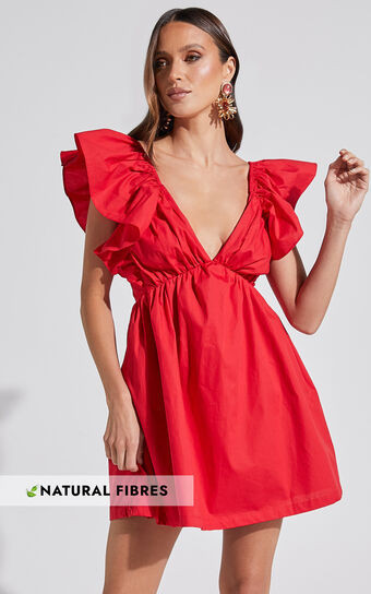 Raiza Mini Dress - Ruffle Sleeve Tie Back Plunge Dress in Red | Showpo (US, UK & Europe)