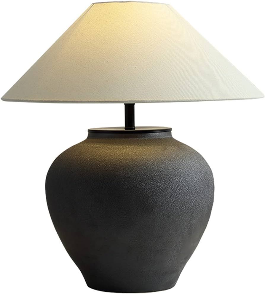 PURESILKS Farmhouse Black Ceramic Table Lamp, Tile Pot Table Lamp with Linen Fabric Shade, Modern... | Amazon (US)