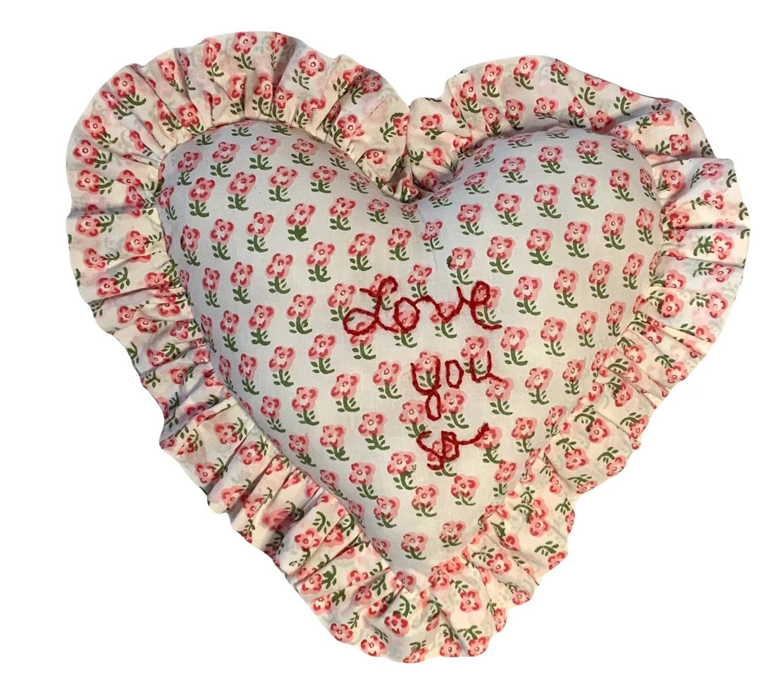 Embroidered Heart Pillow, Block Print Pillow, Throw Pillow, Heart Shaped Pillow, Made in the USA | Etsy (US)