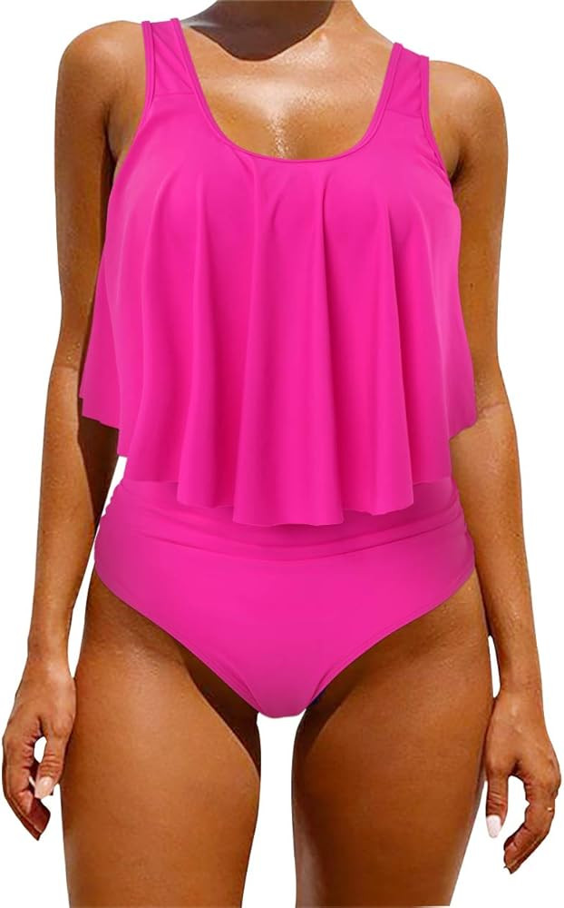 OMKAGI Women's Ruffle Bikini Swimsuit High Waisted Bottom Plus Size Swimwear Tankini | Amazon (US)