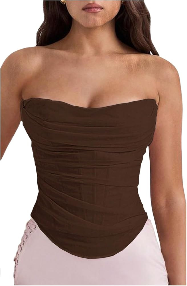 Floerns Women's Strapless Ruched Tube Tops Sleeveless Bandeau Concert Corset Top | Amazon (US)