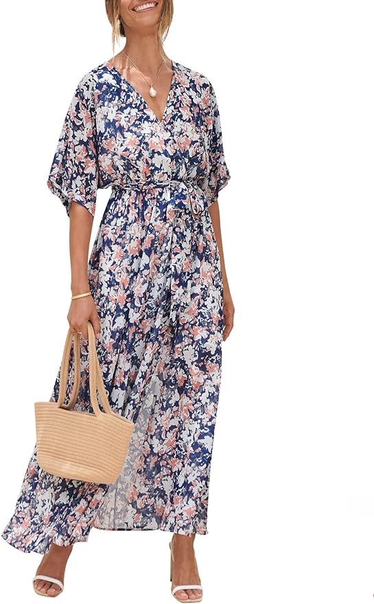 ANRABESS Women’s Summer Loose Kimono Maxi Dress Wrap V Neck 3/4 Sleeve Floral Print Slit Long D... | Amazon (US)