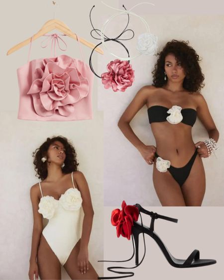 3D Rose and flower details are set to be the biggest summer trend this year - here are a few pieces that are worth adding to your wardrobe. | rose choker, rose necklace, flower necklace, flower choker, pink 3D rose appliqué top, rose appliqué swimsuit, rose appliqué bikini, 3D rose heels, 3D rose shoes from Magda Butrym

#LTKSeasonal #LTKshoecrush #LTKswim