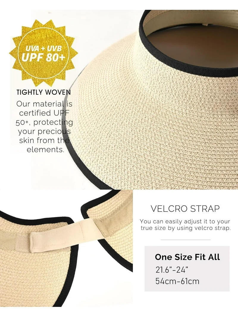 YEKEYI Sun Visor Hats for Women Wide Brim Straw Ponytail Summer Beach Hat UV UPF Packable Foldabl... | Walmart (US)