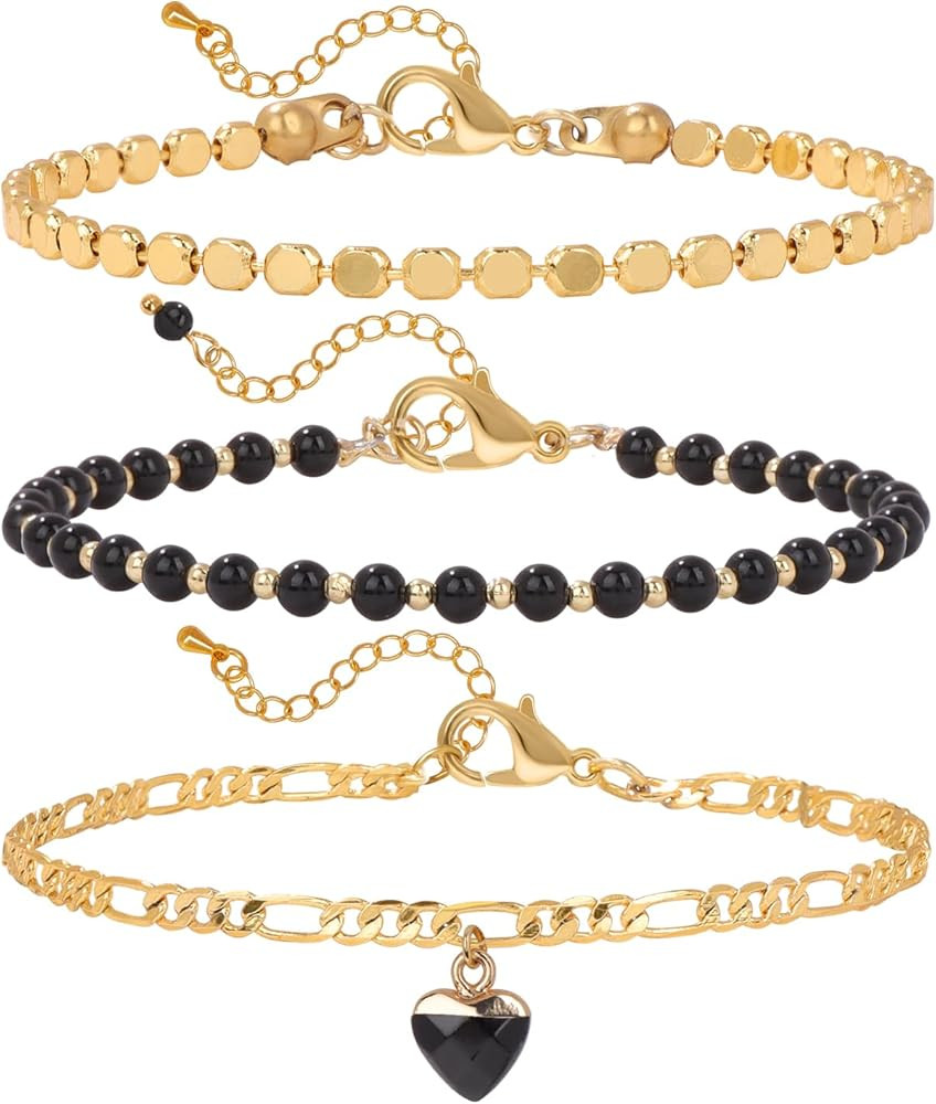Raicegs Beaded Bracelets Set 18K Gold Stone Bracelet for Women Layered Crystal Bracelet 3mm Ameth... | Amazon (US)