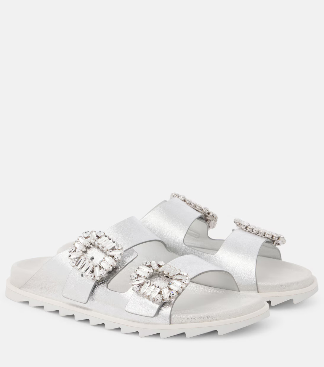 Crystal-embellished metallic leather slides | Mytheresa (UK)