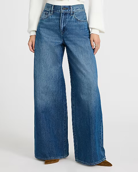 High Waisted Dark Wash Relaxed Wide Leg Jeans | Express