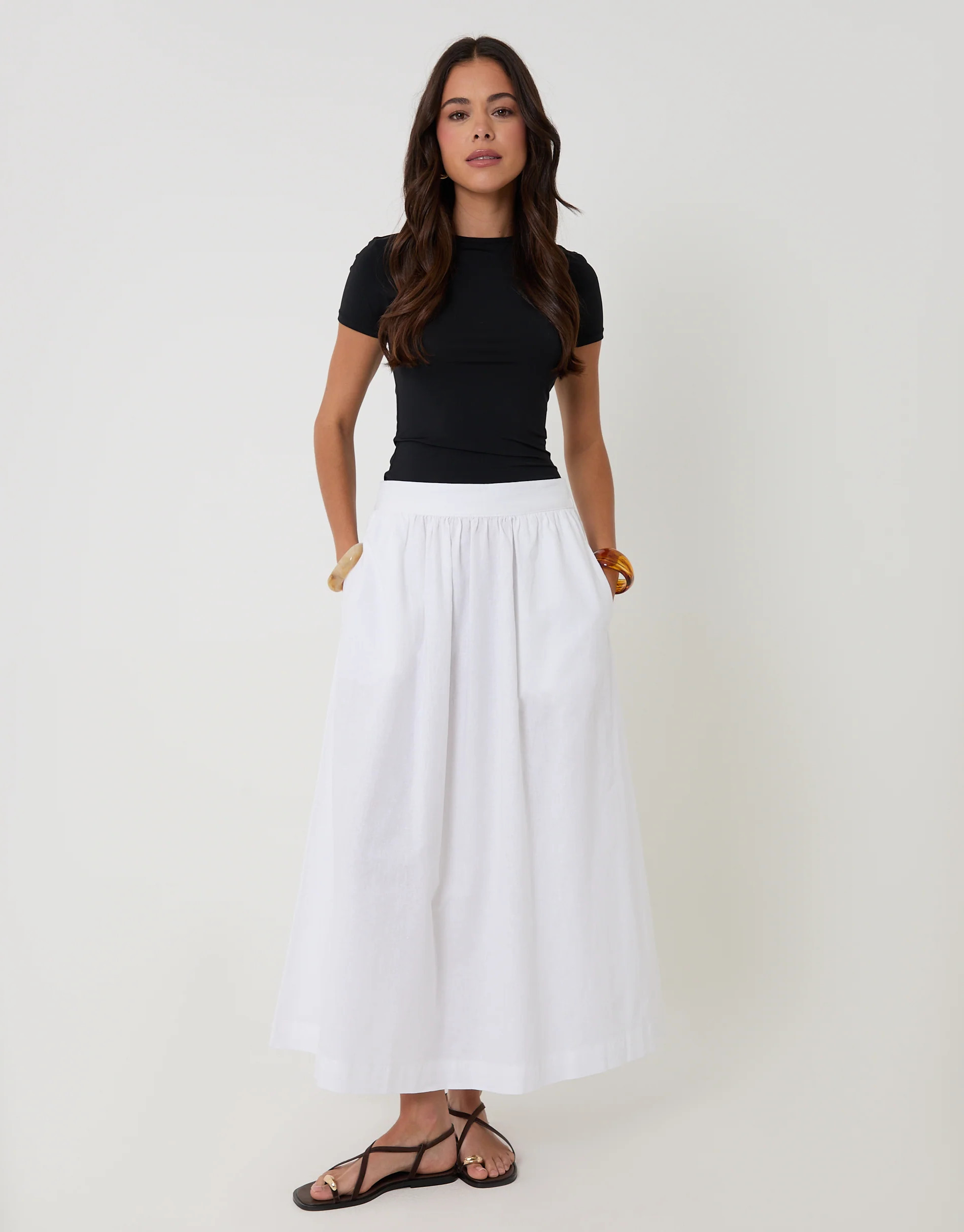 Threadbare White Linen Blend Gathered Midaxi Skirt | Threadbare